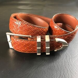 VTG‎ CrookHorn Men's Belt 42"/105 Tan Calf Leather Brass Buckle USA Basketweave